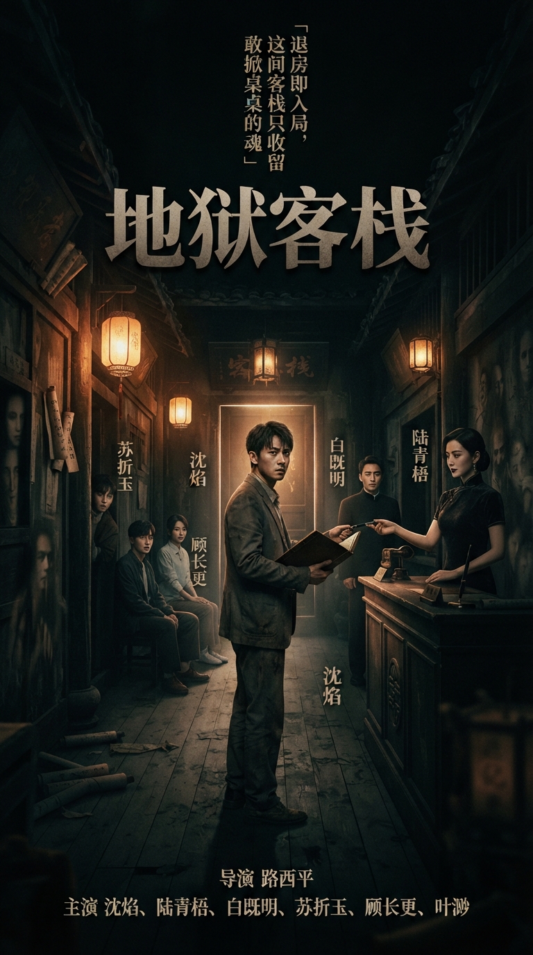《地狱客栈》主视觉：沈焰攥着房卡站在午夜走廊中央